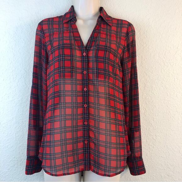 Express Red Black Tartan Plaid Portofino Button Front Blouse Notched V Neck - Picture 10 of 16